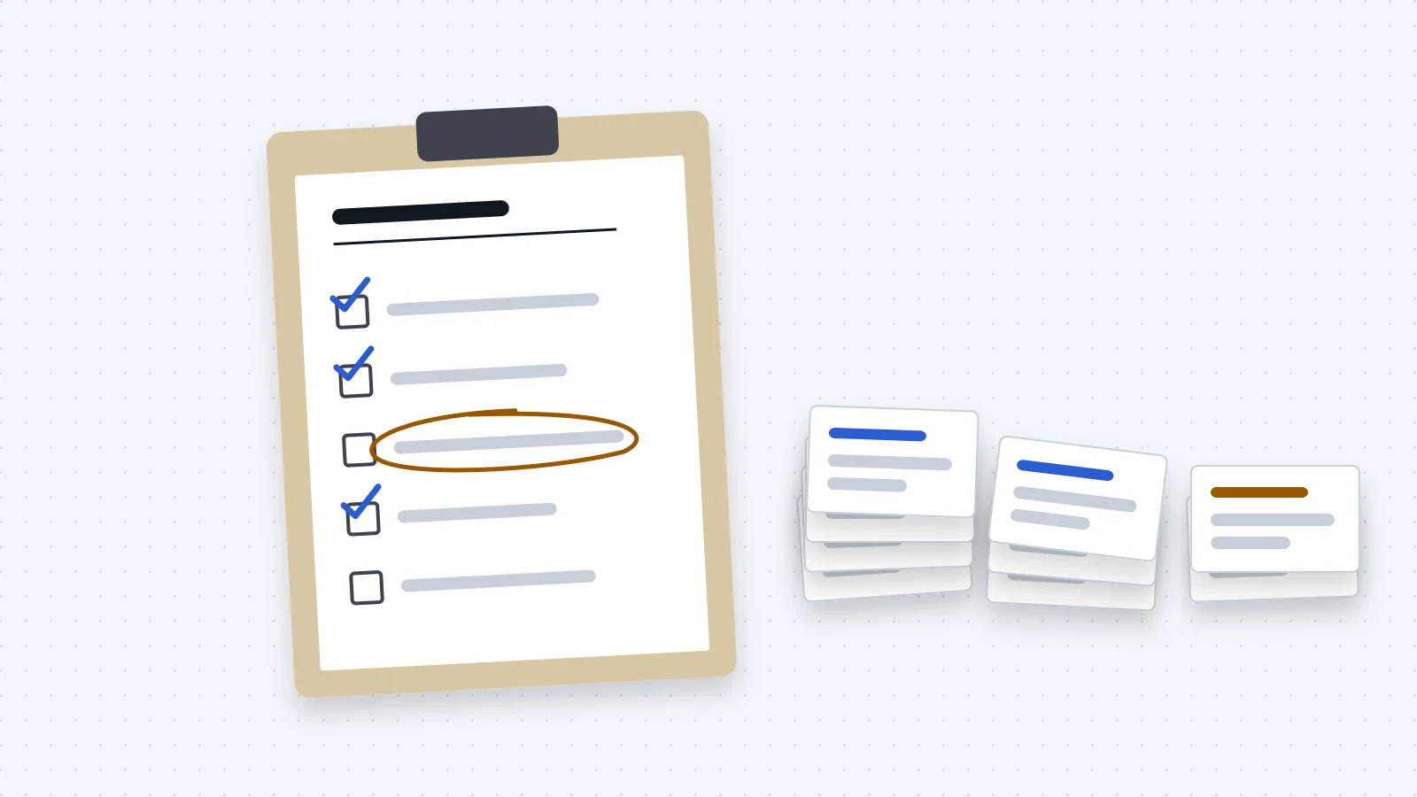 A clipboard checklist with some jobs ticked, beside three piles of cards sorted by kind.
