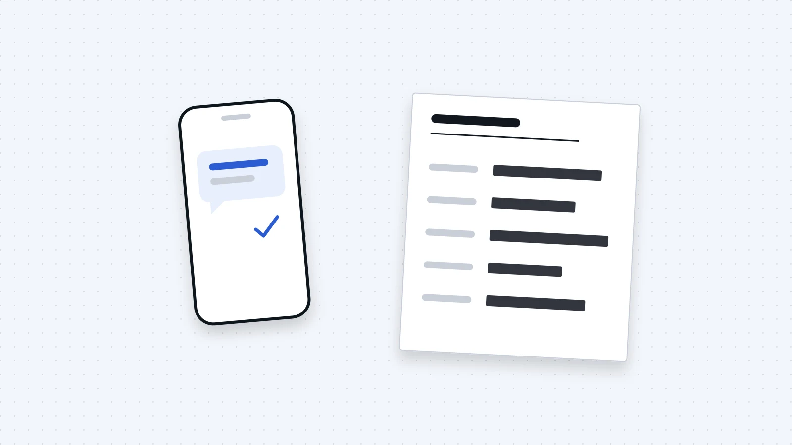 A phone showing one answered message beside a client record with its details blacked out.