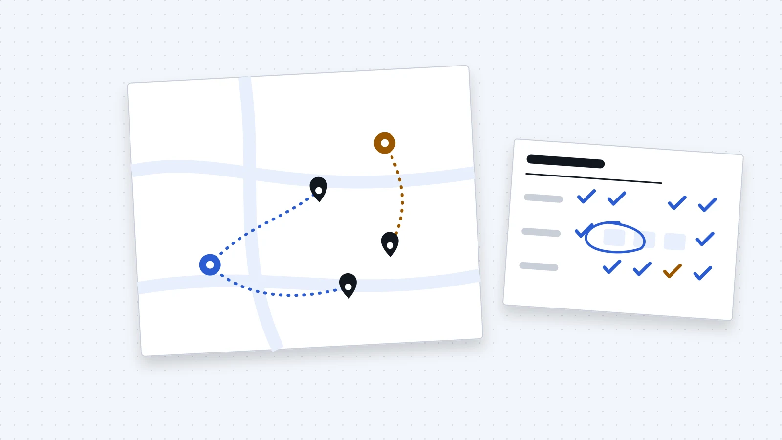 A map with routes from practitioners to clients, beside a weekly roster with one absence circled.