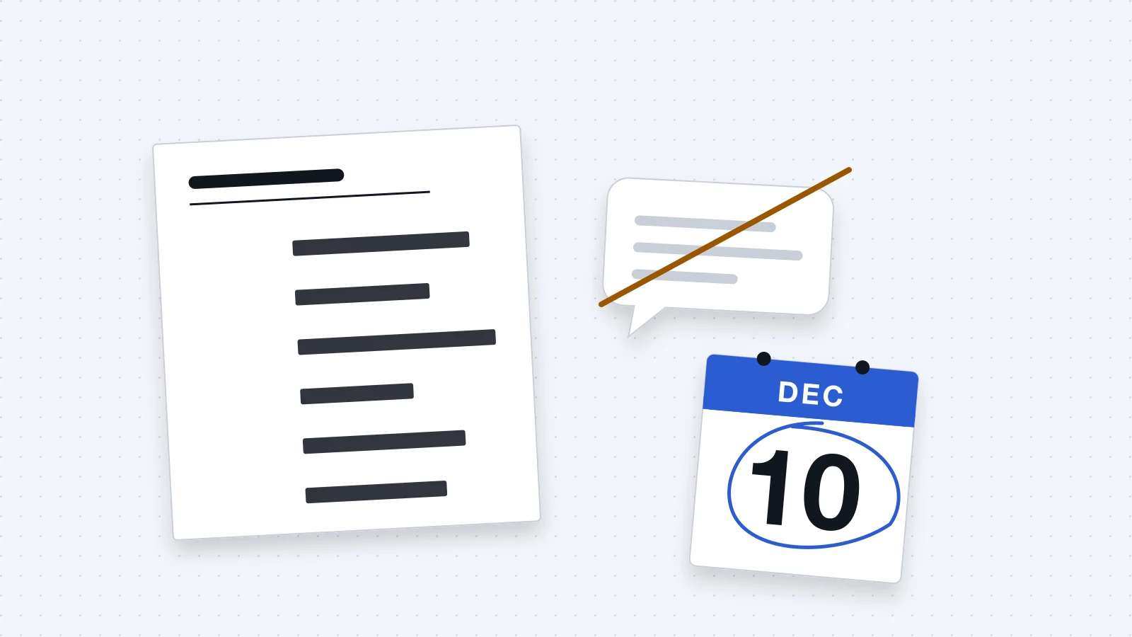 A client record with its details blacked out, a crossed-out chat bubble and a calendar page showing 10 December.